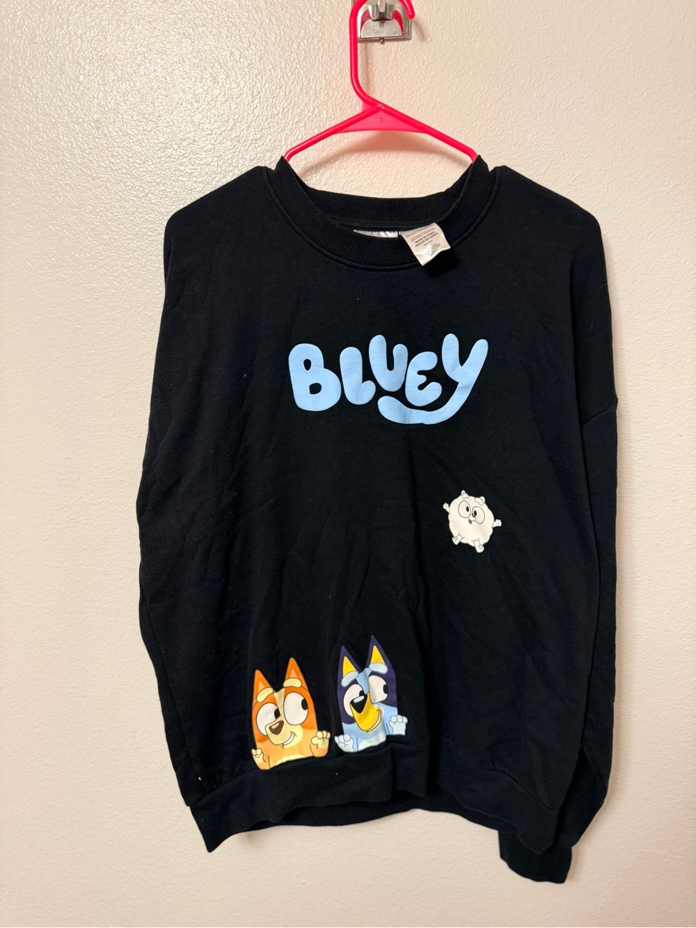 Bluey Adult Black Pullover Sweatshirt with Blue Logo and Character Graphics